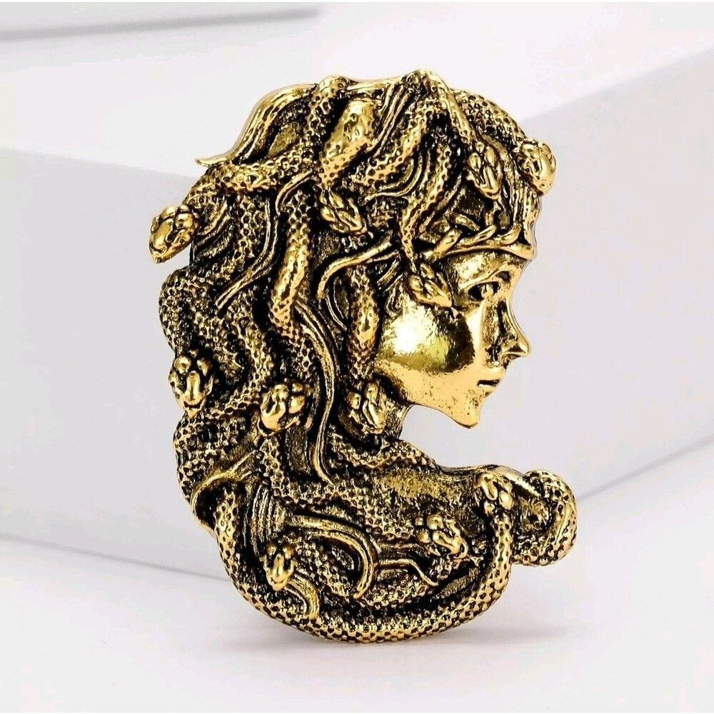 Golden Medusa Brooch Greek Mythology Snake Woman Pin & Pendant Necklace Charm - Picture 8 of 8